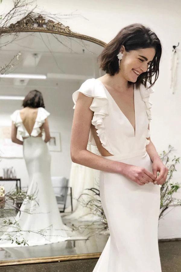 Mermaid V-Neck Cap Sleeves Wedding Dress with Ruffles WD743 by pgmdress