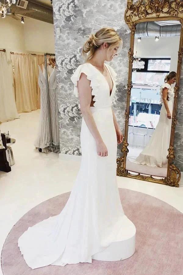 Mermaid V-Neck Cap Sleeves Wedding Dress with Ruffles (ZD16082)