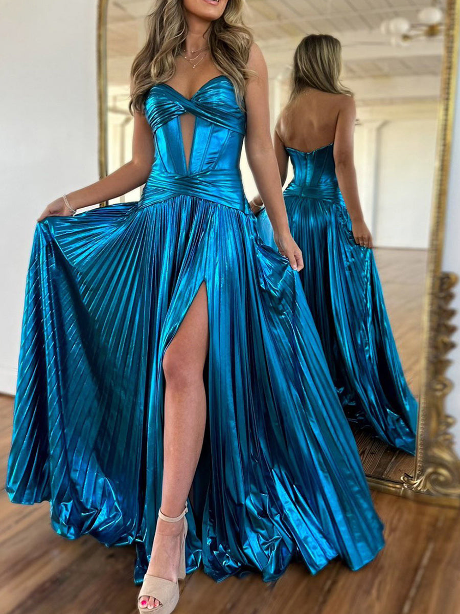 Metallic Bronze Pleated Strapless Corset Long Prom Dress with Slit