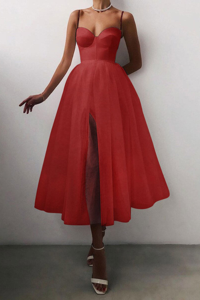 Midi Spaghetti Straps A-Line Prom Party Dresses - Fashionpara