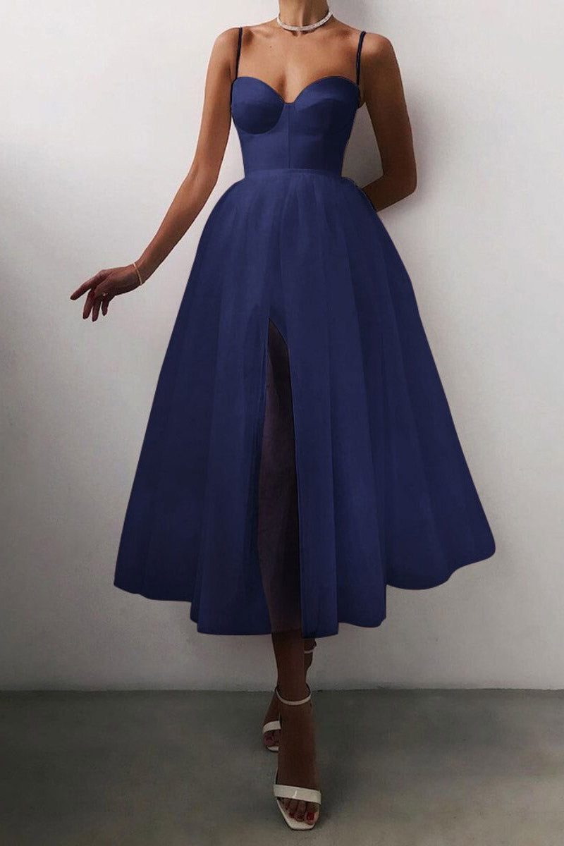 Midi Spaghetti Straps A-Line Prom Party Dresses - Fashionpara