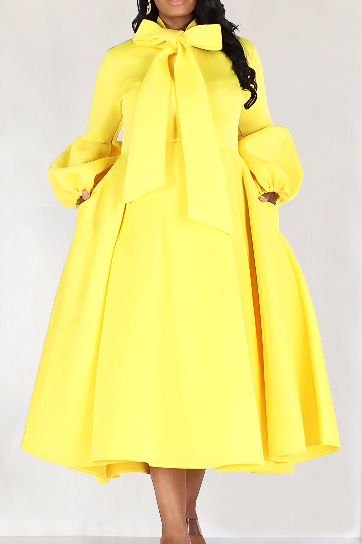 Little Black Midi A-Line Long Sleeve Dress - Fashionpara