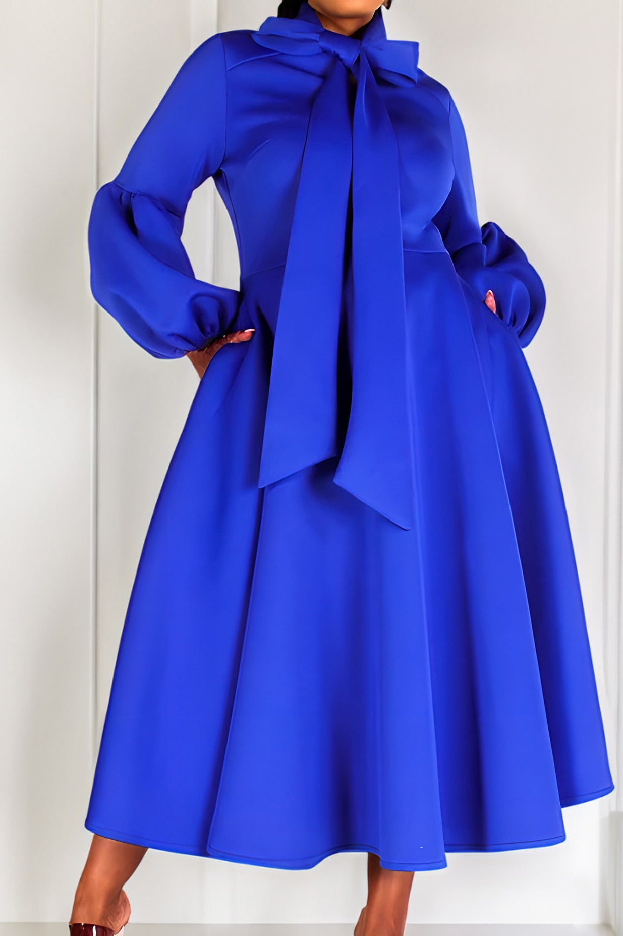 Little Black Midi A-Line Long Sleeve Dress - Fashionpara