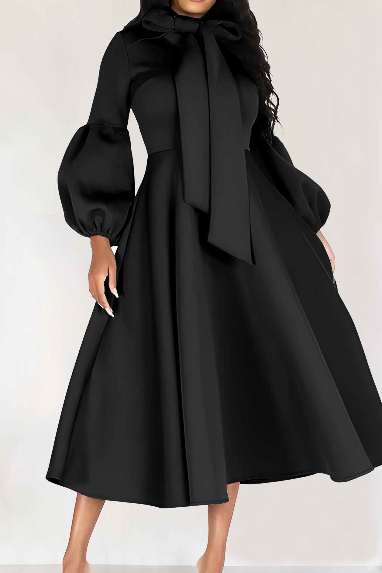 Little Black Midi A-Line Long Sleeve Dress - Fashionpara