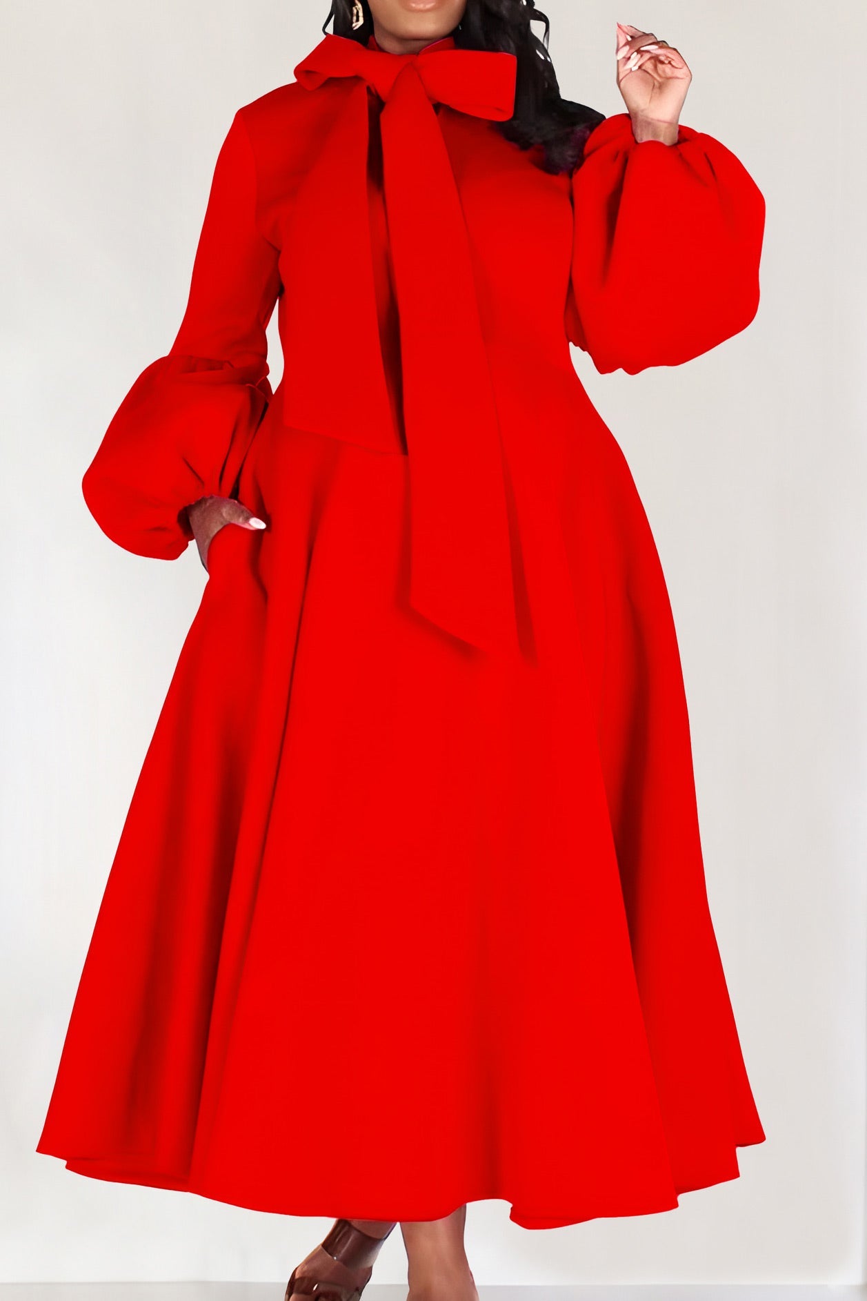 Little Black Midi A-Line Long Sleeve Dress - Fashionpara