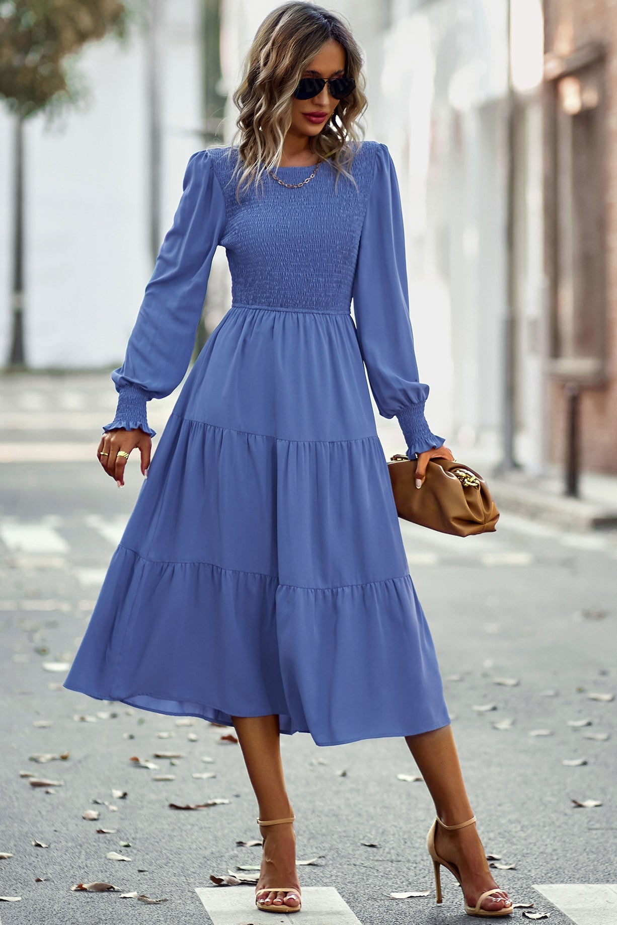 Midi Blue Long Sleeve A-Line Dress - Fashionpara
