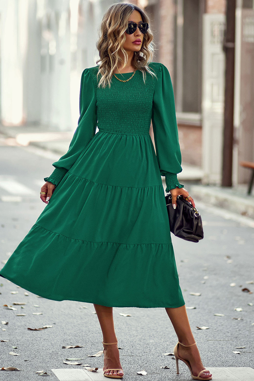 Midi Blue Long Sleeve A-Line Dress - Fashionpara