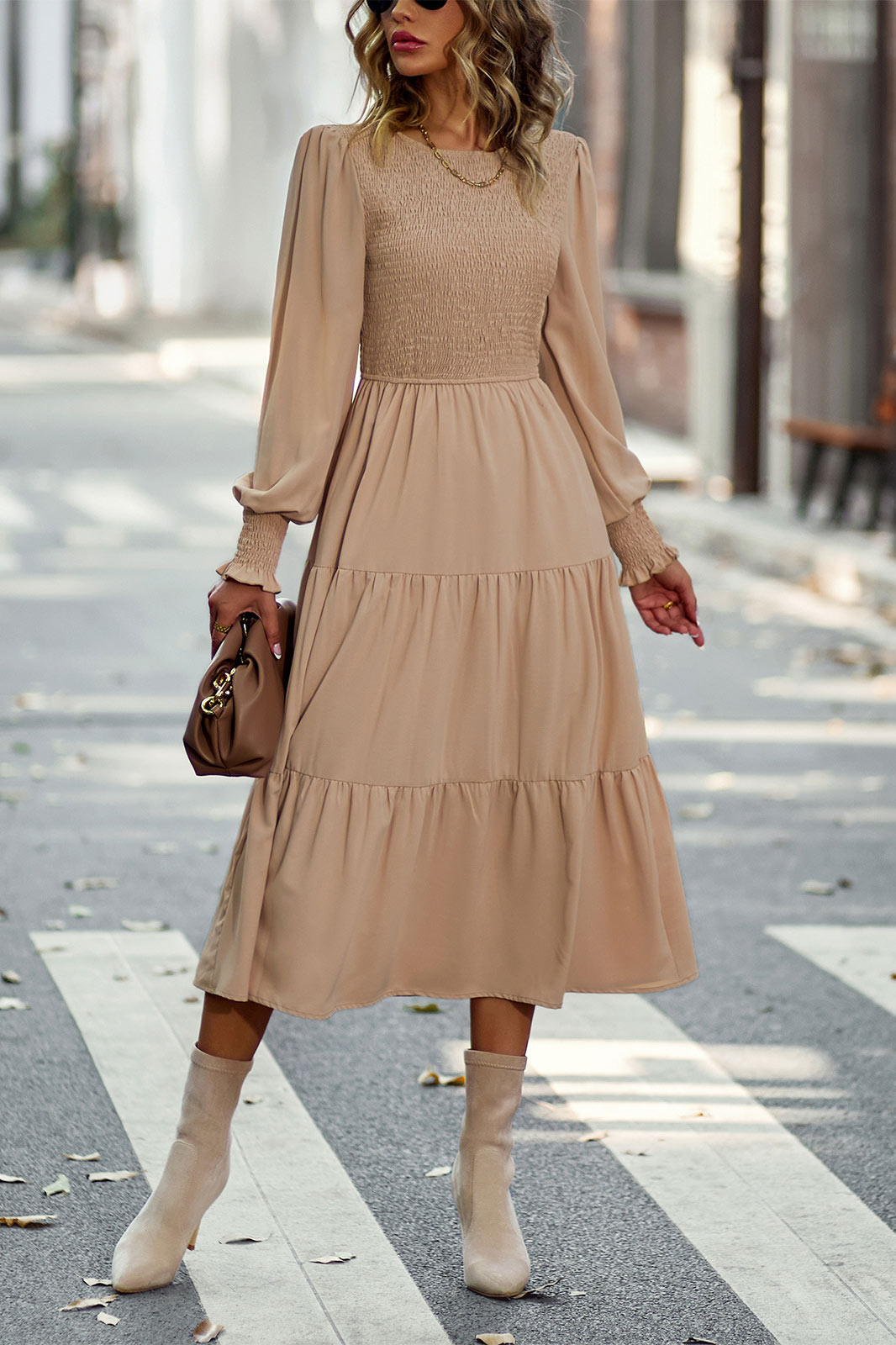 Midi Blue Long Sleeve A-Line Dress - Fashionpara