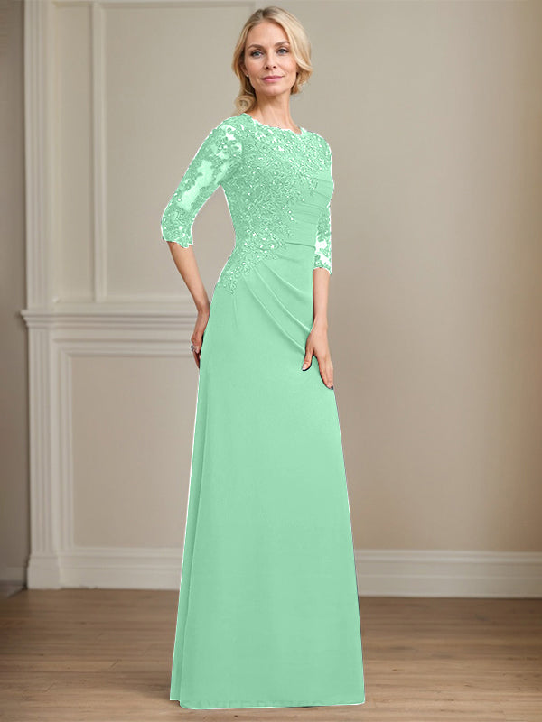 A-line Scoop Floor-Length Chiffon Lace Mother of the Bride Dress With Beading Pleated Sequins