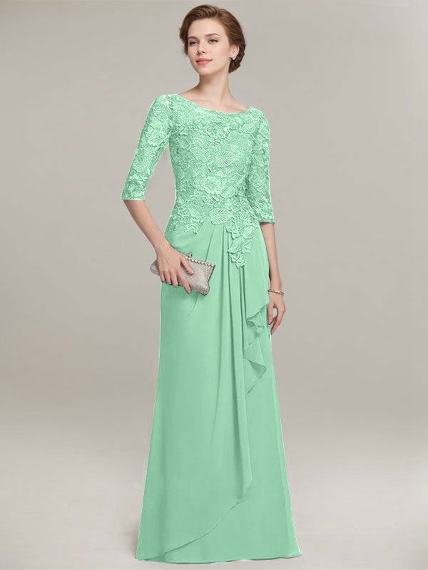 A-line Scoop Illusion Floor-Length Lace Chiffon Mother of the Bride Dress With Cascading Ruffles
