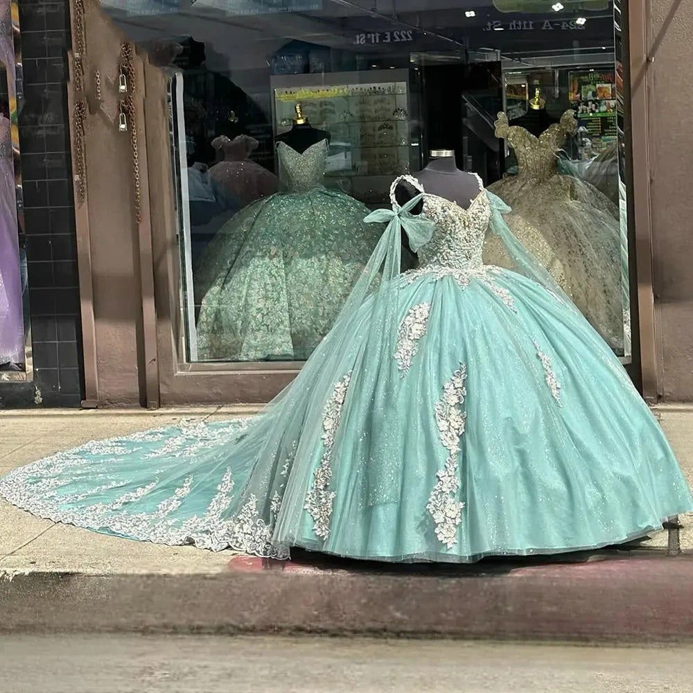 Mint Green Quinceanera Dresses Ball Gown 2024 Glitter Tulle Sweetheart 3D Flowers Lace Appliques Beaded Sweet 16 Dress For Women