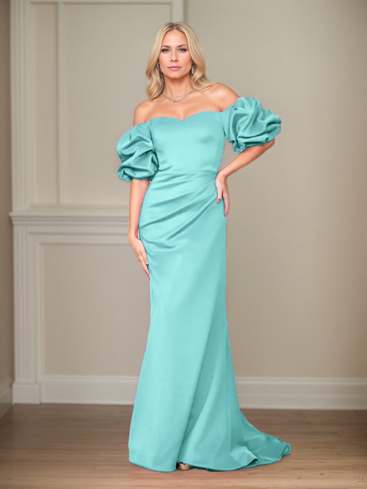 Satin Sheath/Column Off The Shoulder Puff Sleeves Floor Length Mother of the Bride Dresses