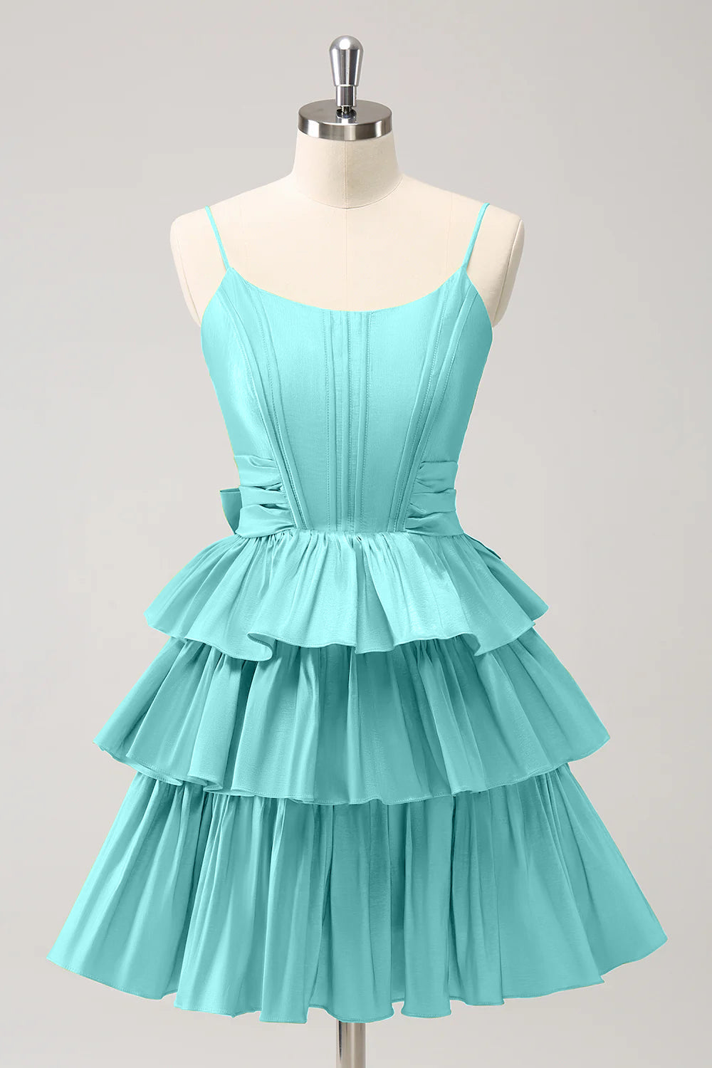 A Line Spaghetti Straps Corset Tiered Ruffle Homecoming Dress with Bow