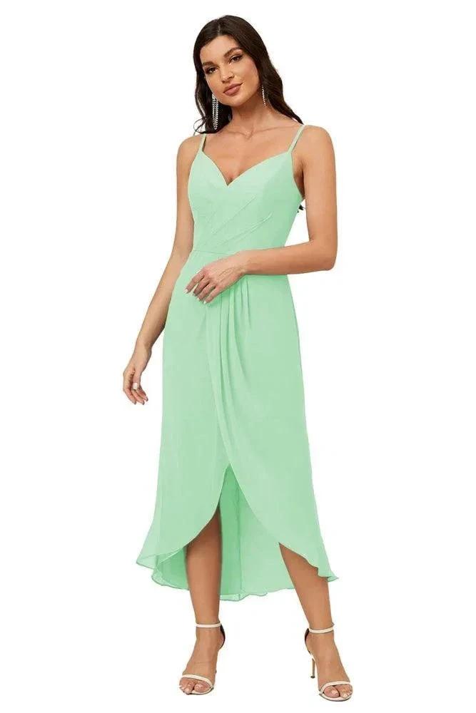 Numbersea Spaghetti Chiffon V Neck Bridesmaid Dress Mid-Length Slit Formal Prom Dress Homecoming Dress 2803 by numbersea
