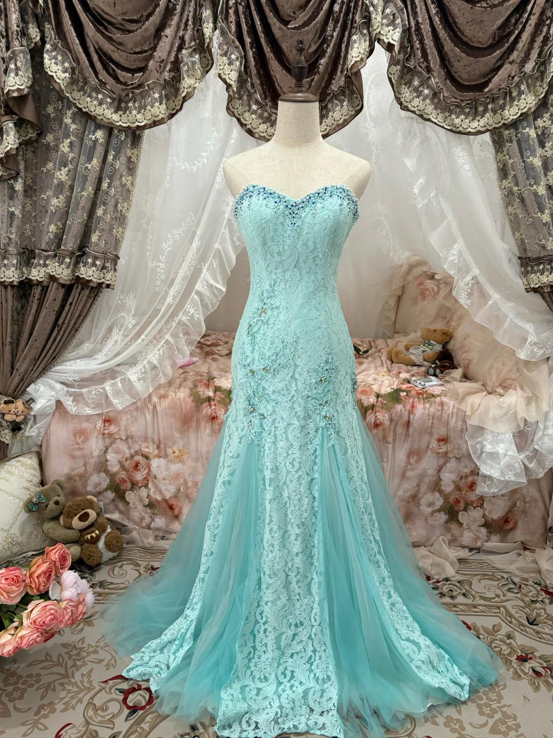 Mint Green Mermaid Lace Prom Dress Pearl Beaded Evening Dress