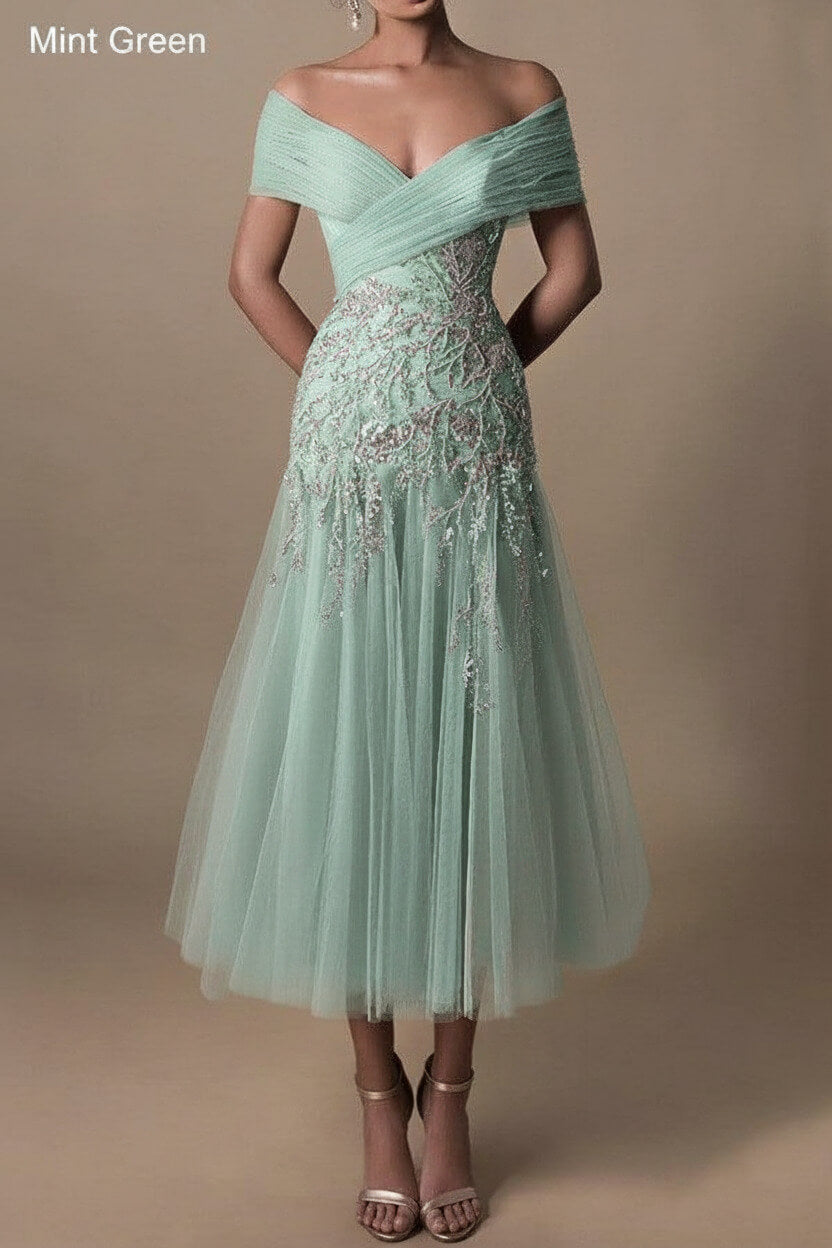 Gorgeous Short Long Off-the-Shoulder Beadings Beach Bridal Dress With Lace