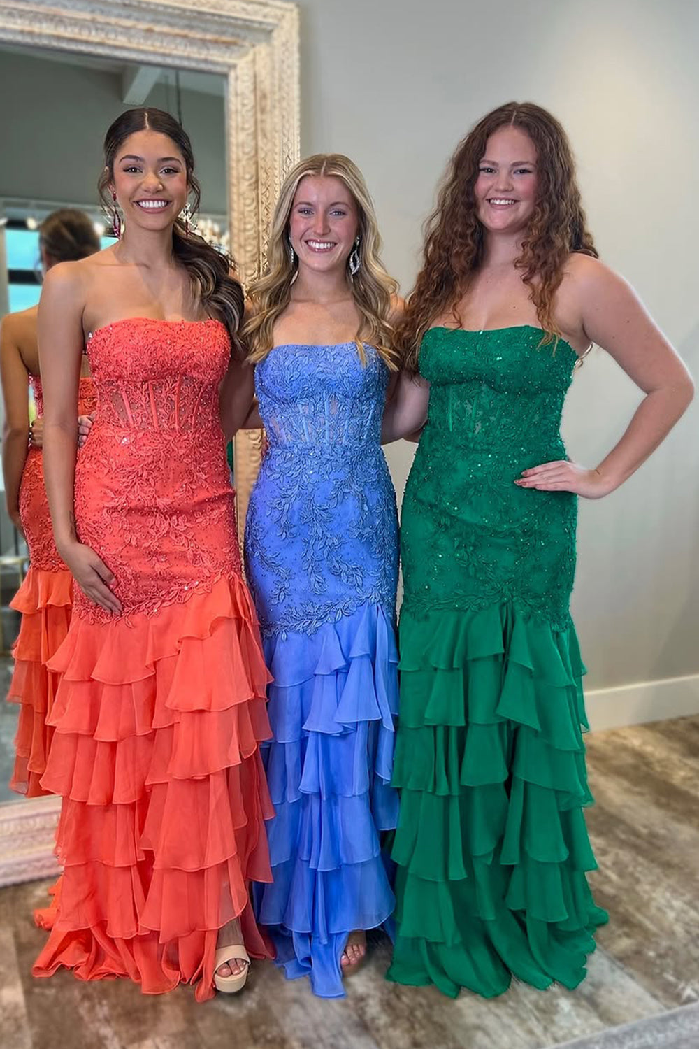Mint Green Mermaid Strapless Lace Top Long Tiered Prom Dress
