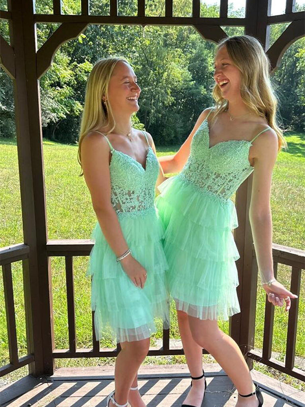 Spaghetti Straps Appliques Ruffles Short Homecoming Dress