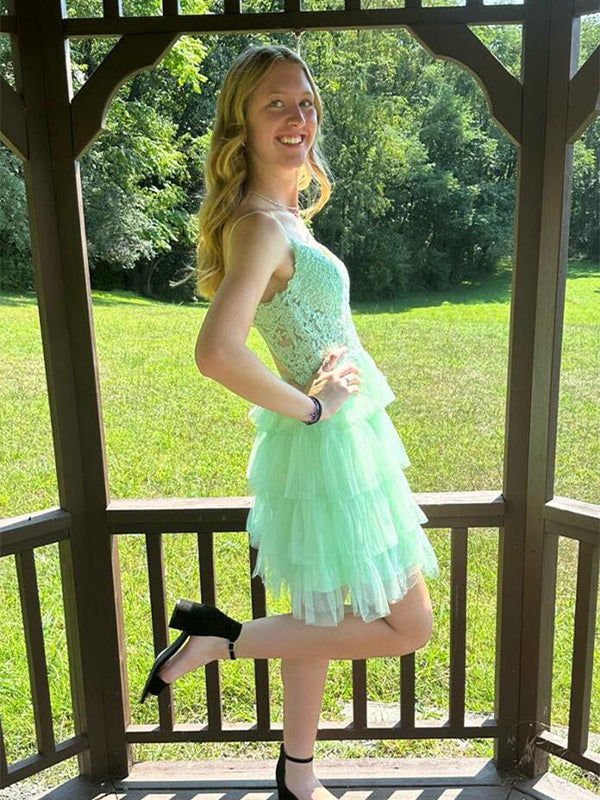Spaghetti Straps Appliques Ruffles Short Homecoming Dress