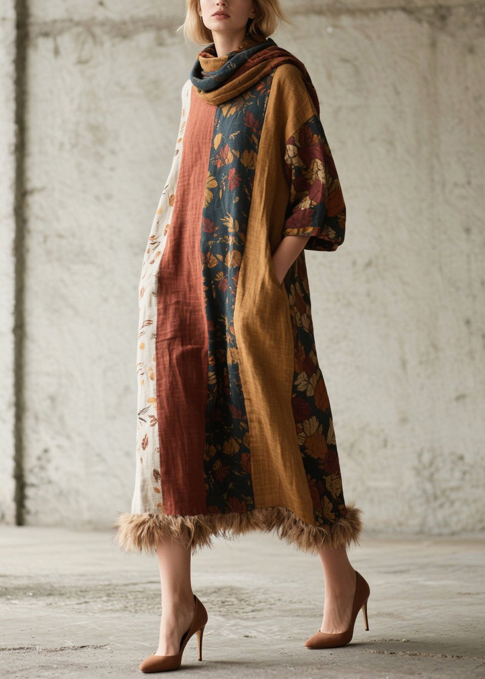 Mixed Color Patchwork Faux Fur Ankle Dress Oversized Fall