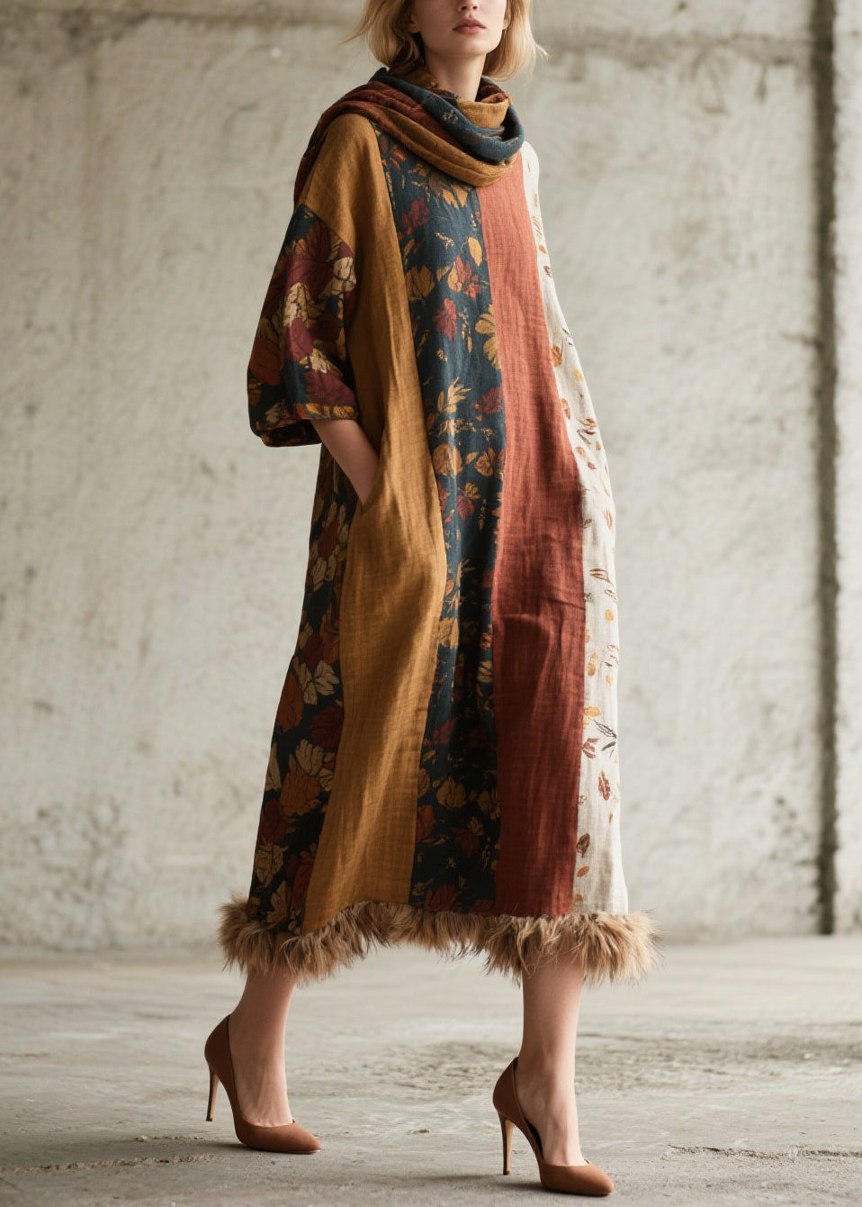 Mixed Color Patchwork Faux Fur Ankle Dress Oversized Fall