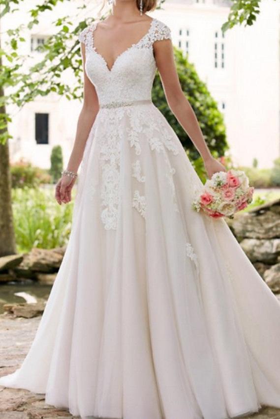 Modern A-Line Wedding Dress V-Neck Lace Tulle Straps Bridal Gowns Formal Illusion Detail with Sweep Train