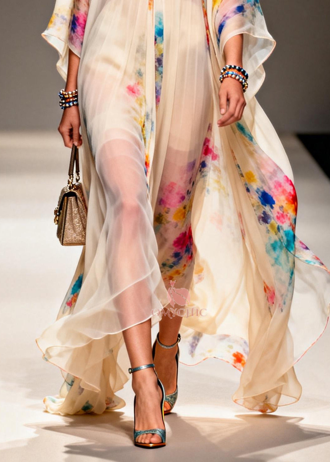 Modern Apricot V Neck Print Chiffon Holiday Dress Summer