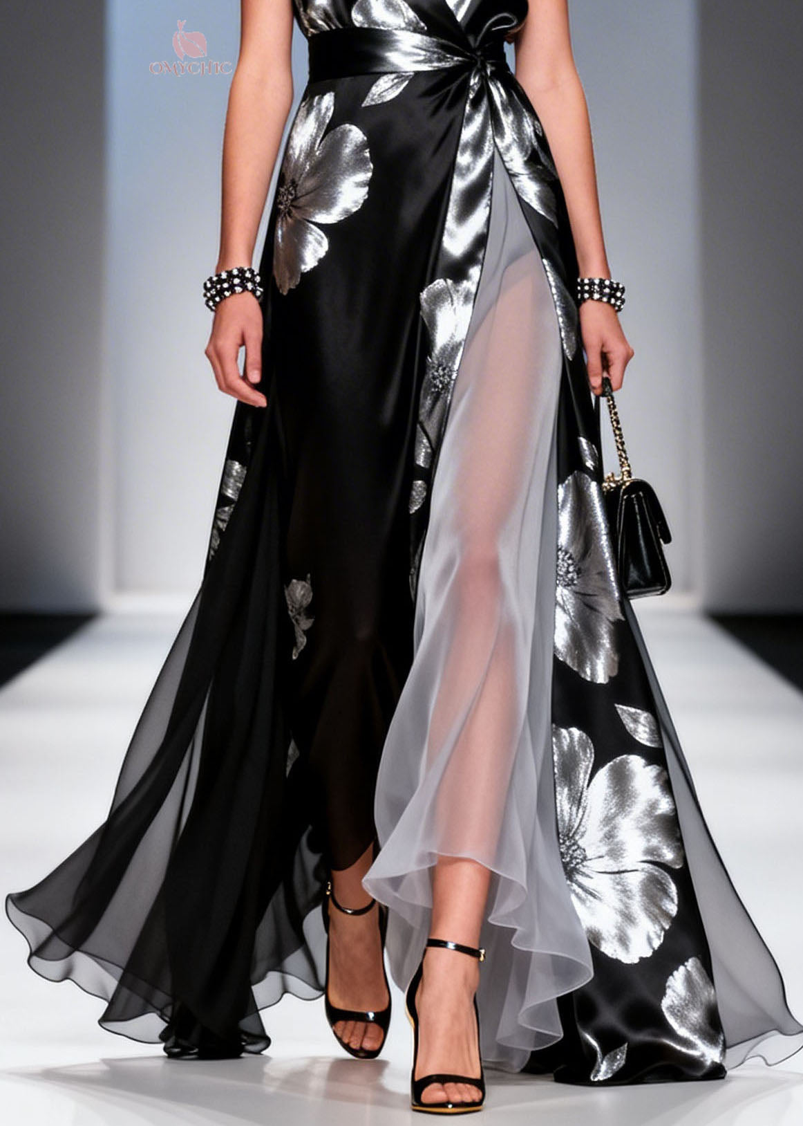 Modern Black V Neck Print Chiffon Maxi Dresses Summer