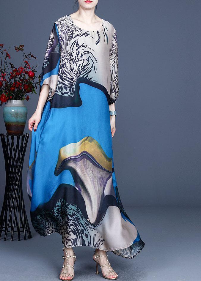 Modern Blue Print asymmetrical design Casual Summer Silk Long Dress