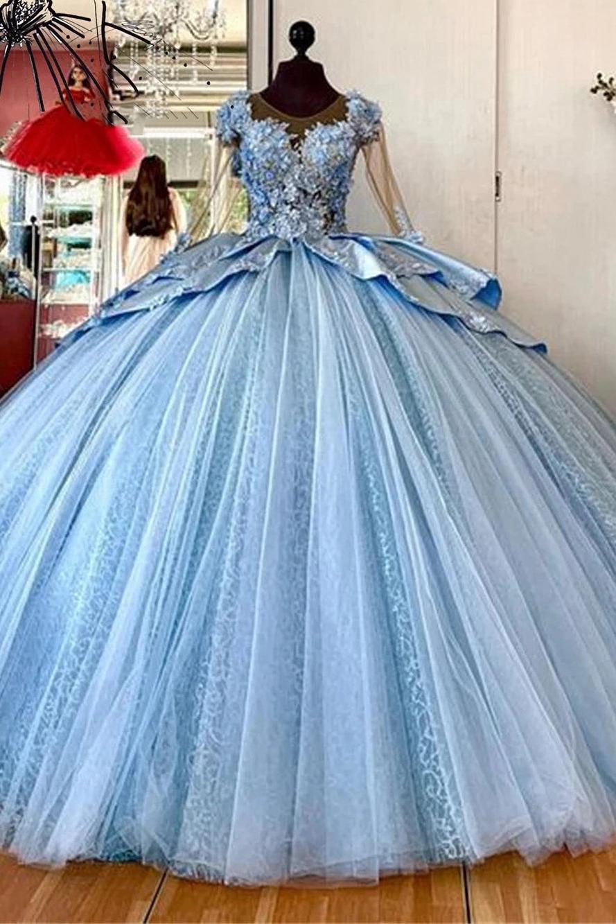 Modern & Chic Ball Gown Scoop Neck Long Sleeves 3D Flower Lace Applique Beaded Tiered Blue Tulle Quinceanera Dress Princess Party Gown For Sweet 16