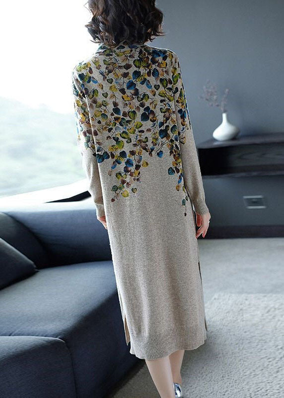 Modern Khaki Turtle Neck Print Side Open Knit Sweater Dress Winter