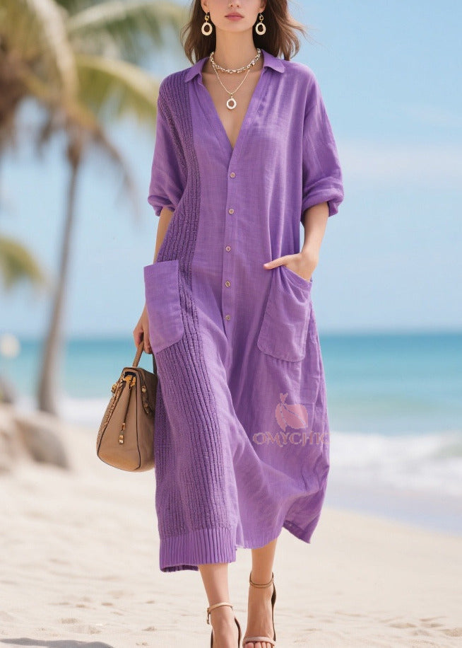 Modern Lavender Oversized Patchwork Pockets Cotton Dress Spring