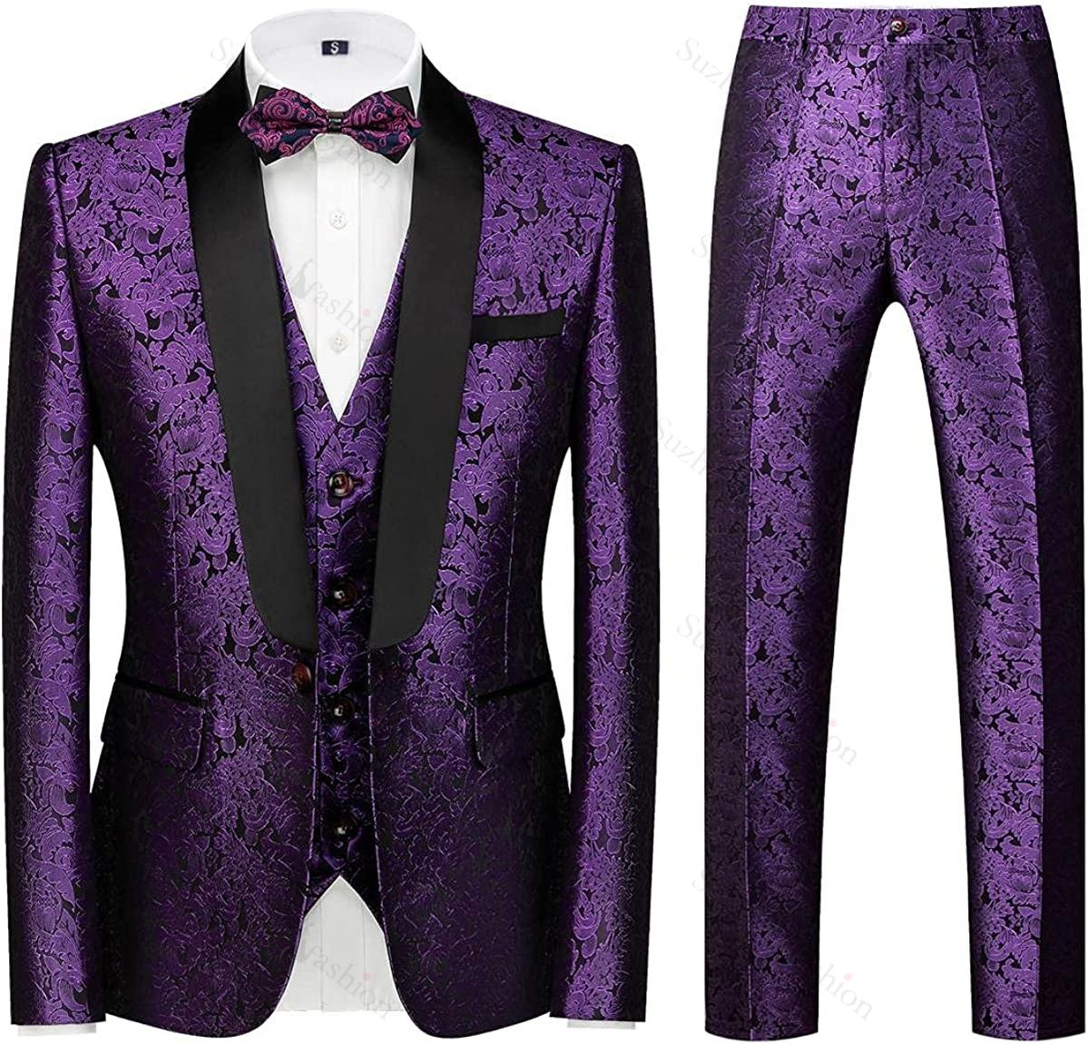 Modern Purple 3 Piece Jacquard Suit for Wedding