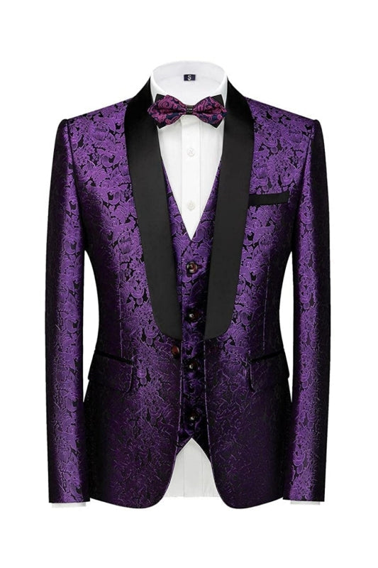 Modern Purple 3 Piece Jacquard Suit for Wedding
