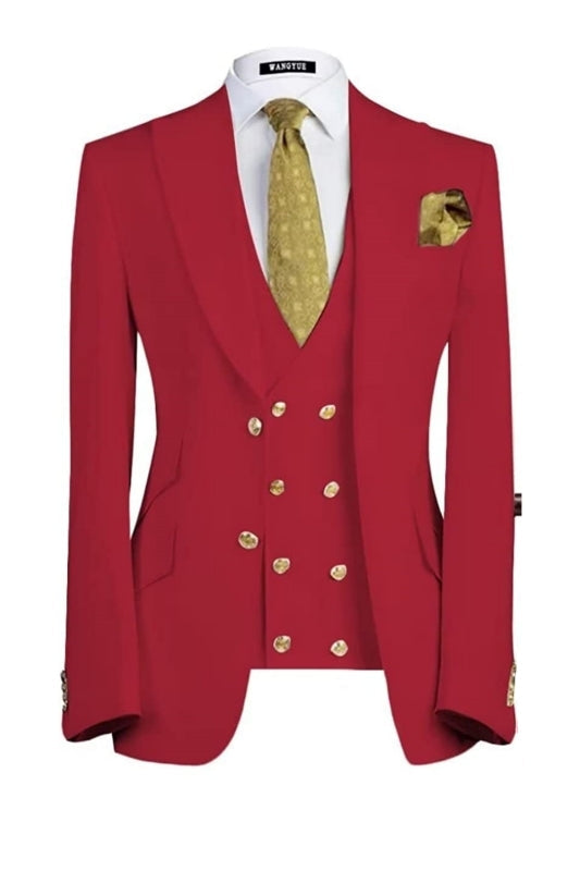 Modern Red 3 Piece Peaked Lapel Prom Suit for Men