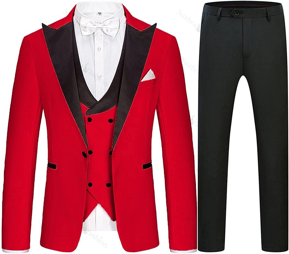 Modern Red Peaked Lapel 3 Piece Men's Prom Suit