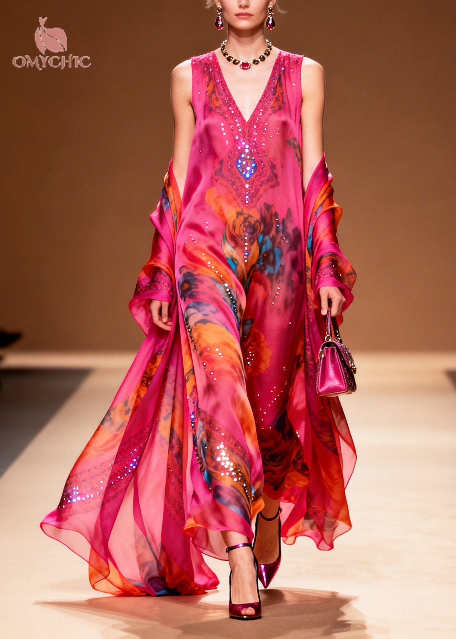 Modern Rose Print Rhinestone Sparkly Chiffon Party Dress Summer