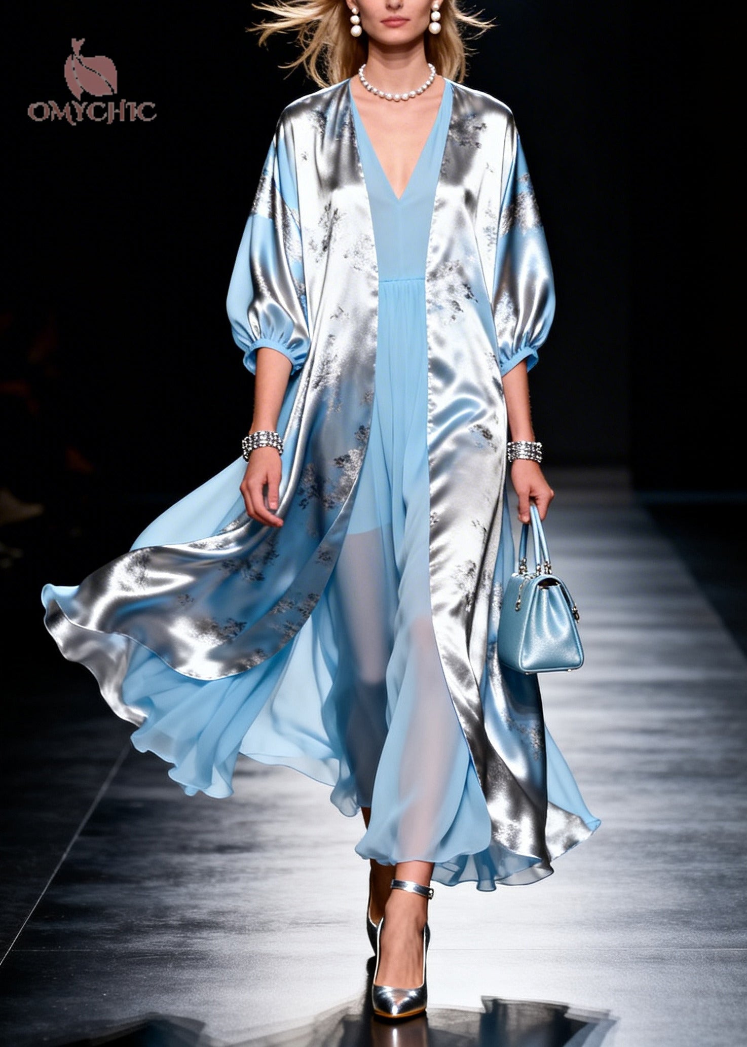 Modern Sky Blue V Neck Patchwork Chiffon Fake Two Piece Dress Summer