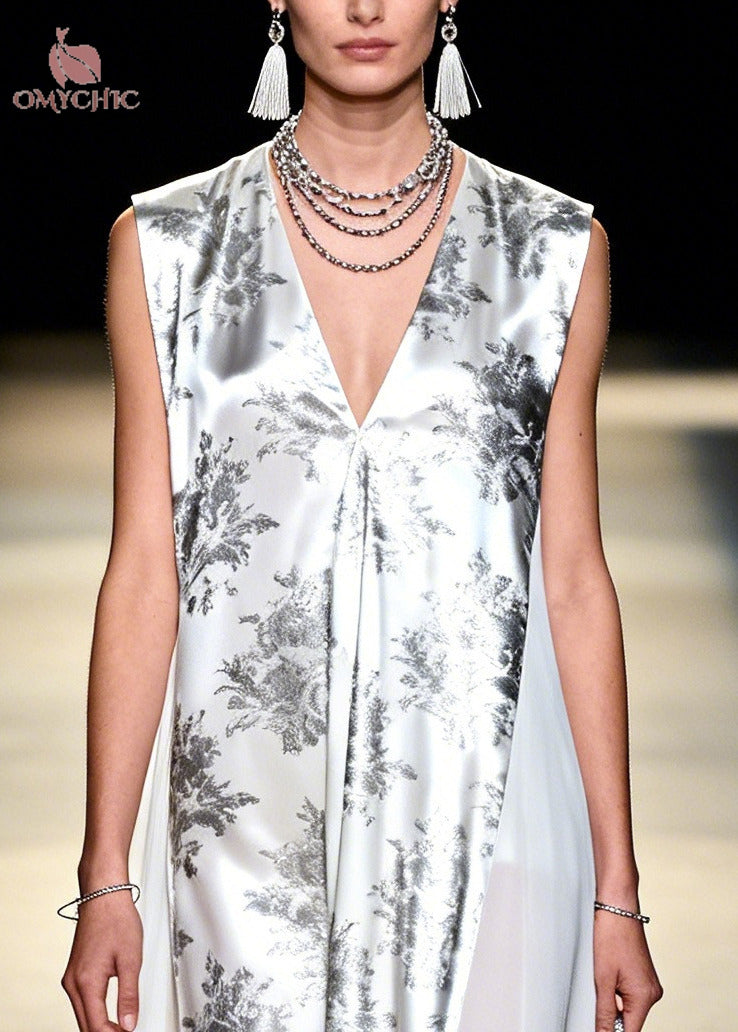 Modern White Print Patchwork Exra Large Hem Chiffon Holiday Dress Sleeveless