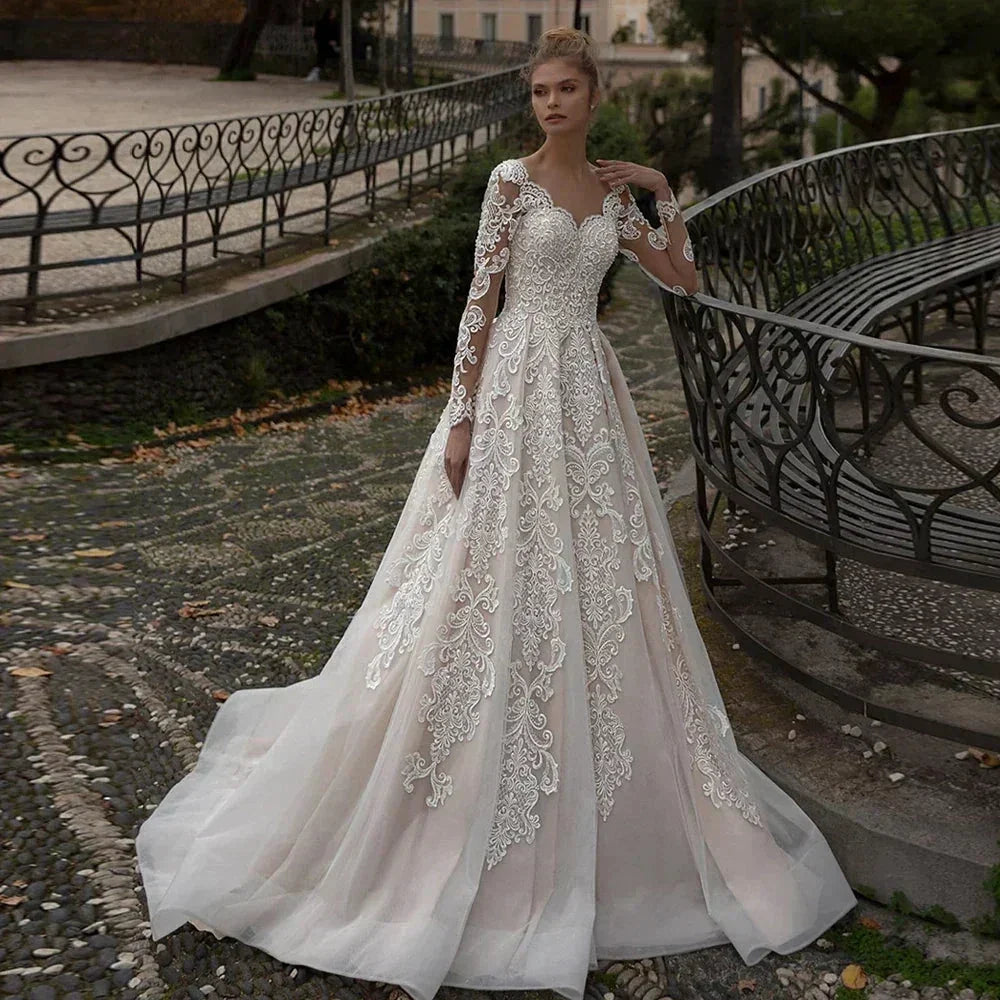 Modest Champagne Wedding Dress Appliques Long Sleeves Vestido De Noiva Sweep Train Sexy Backless Vestidos De Novia (ZD14036) - VelvetHem