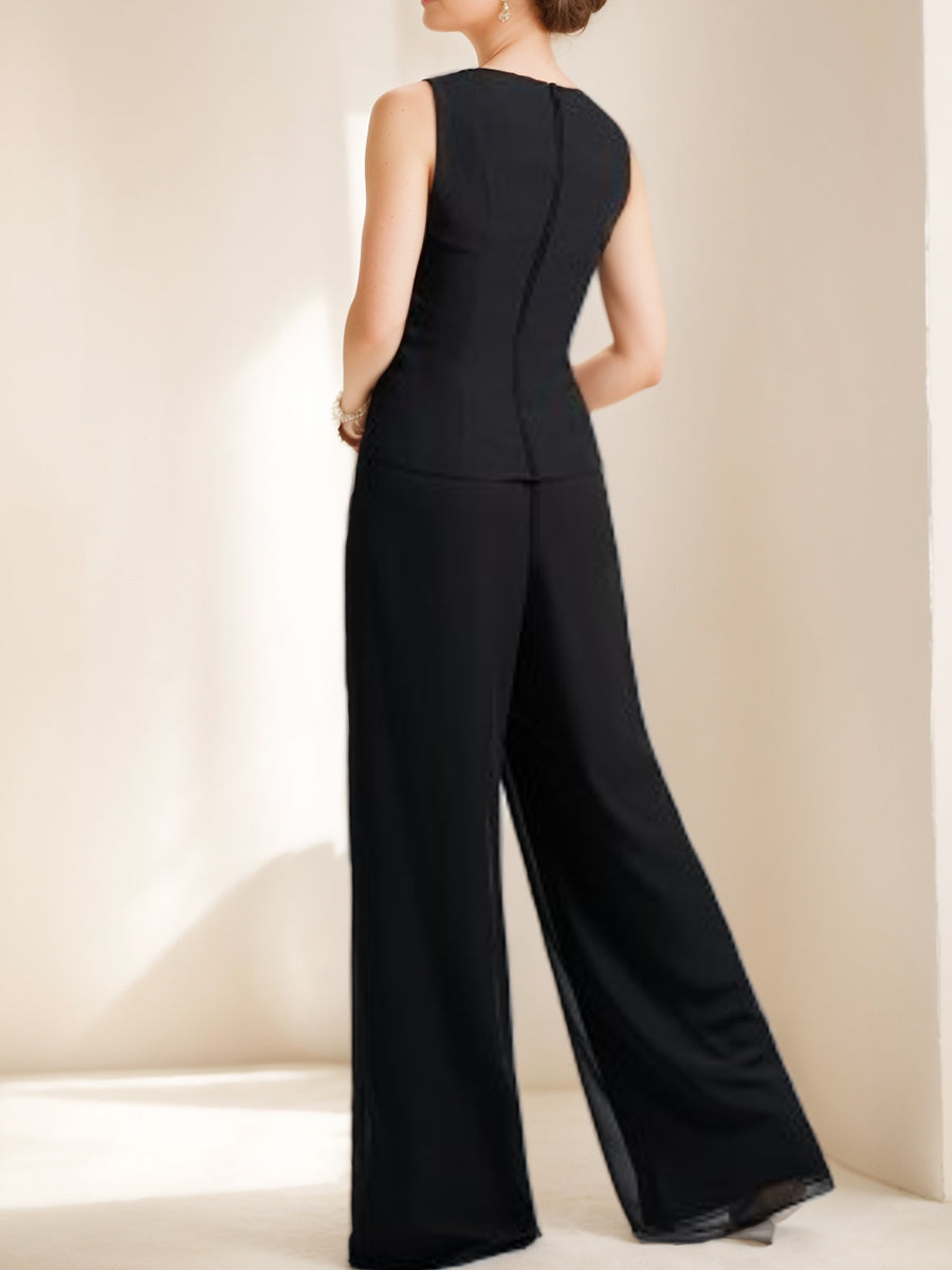 Mother of the Bride Black Chiffon Pantsuit with 3/4 Sleeves Scoop Neck Appliques and Jacket