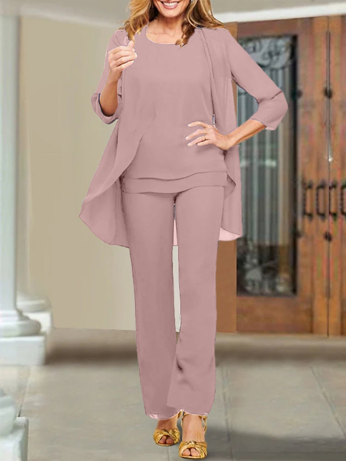 Mother of the Bride Scoop Neck Chiffon Pantsuits
