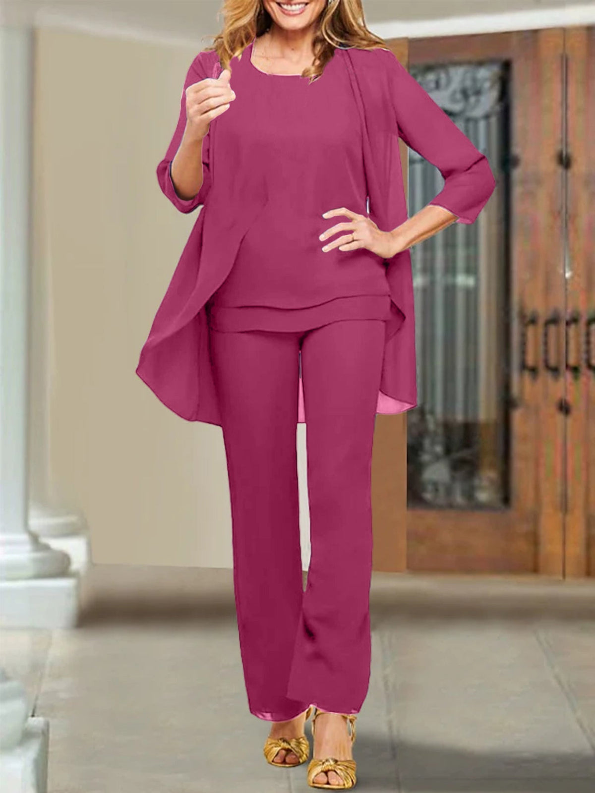 Mother of the Bride Scoop Neck Chiffon Pantsuits