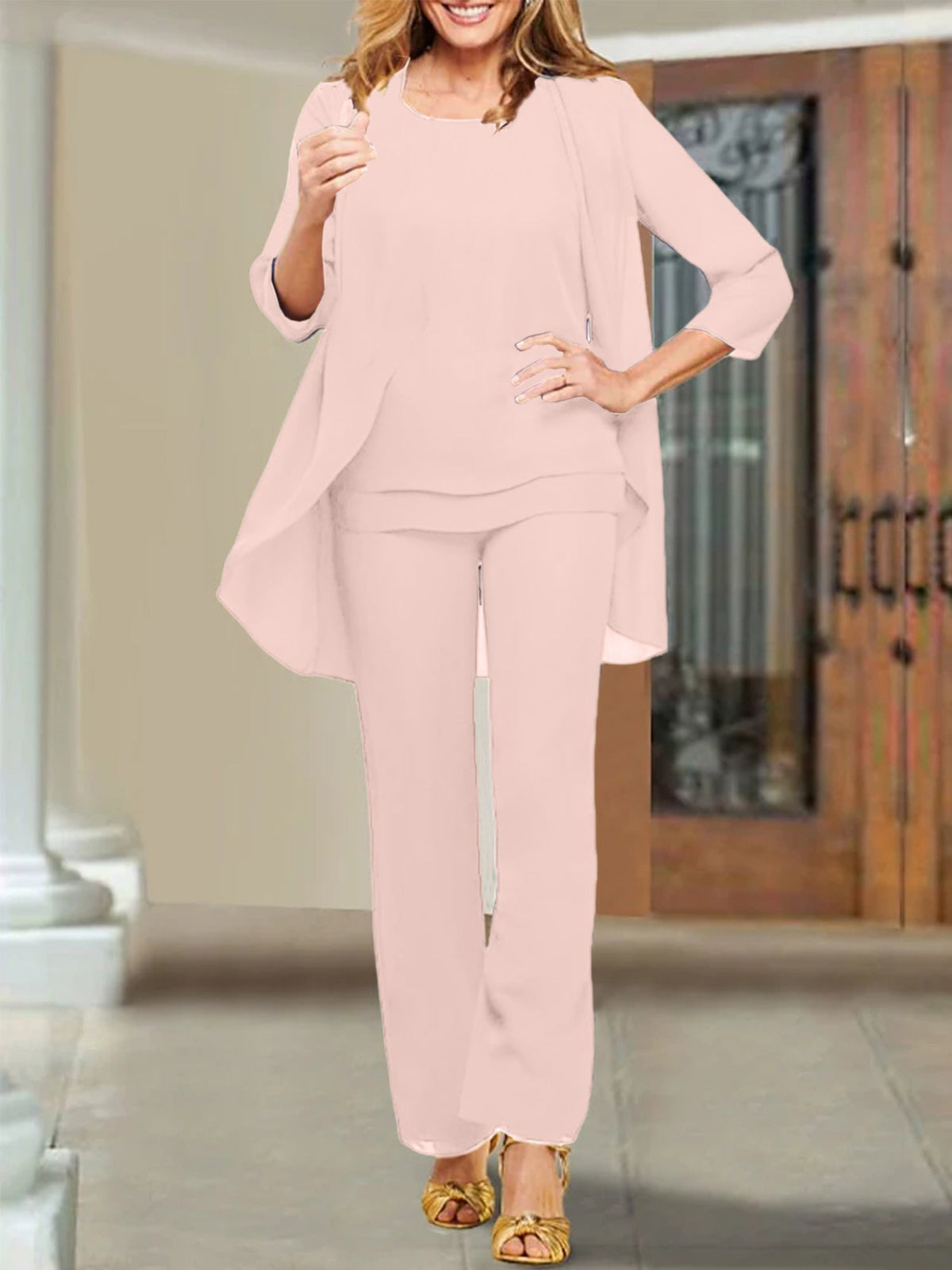 Mother of the Bride Scoop Neck Chiffon Pantsuits