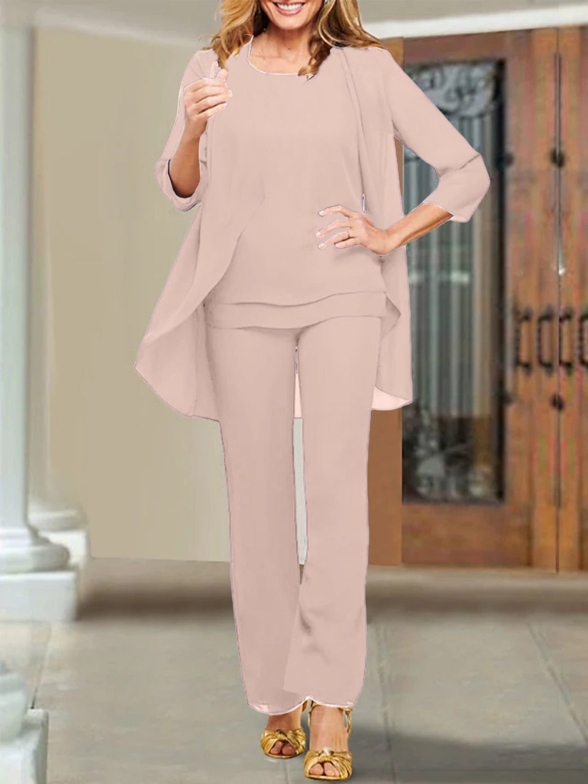 Mother of the Bride Scoop Neck Chiffon Pantsuits