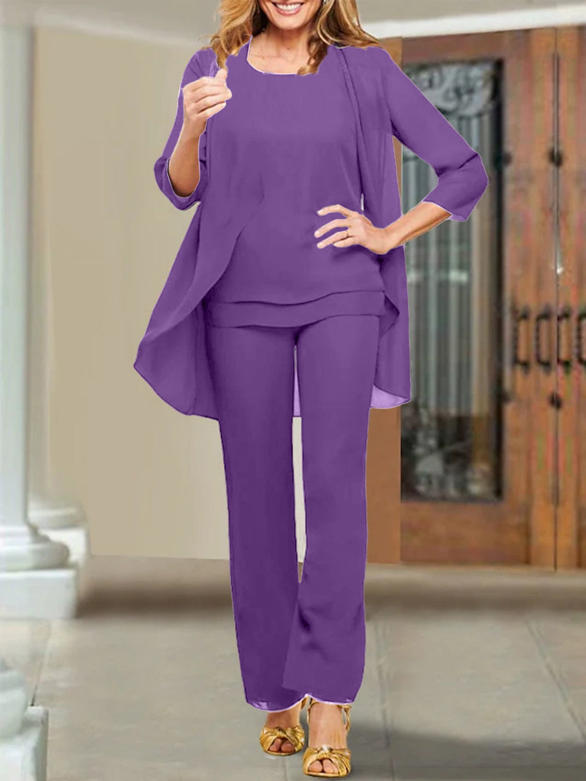 Mother of the Bride Scoop Neck Chiffon Pantsuits
