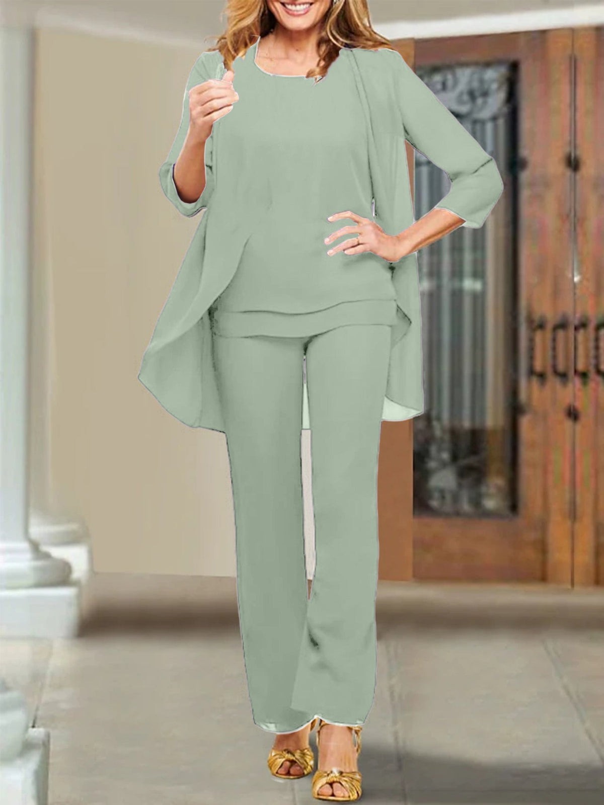 Mother of the Bride Scoop Neck Chiffon Pantsuits