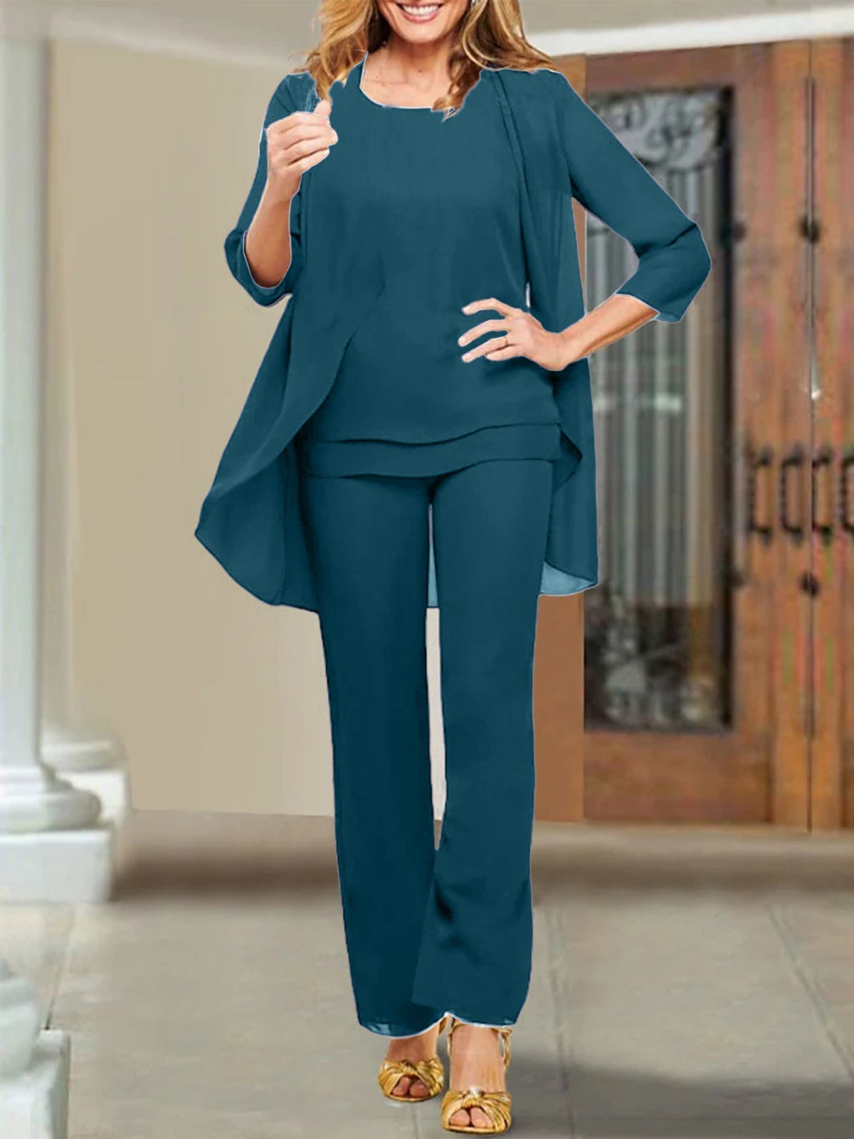 Mother of the Bride Scoop Neck Chiffon Pantsuits