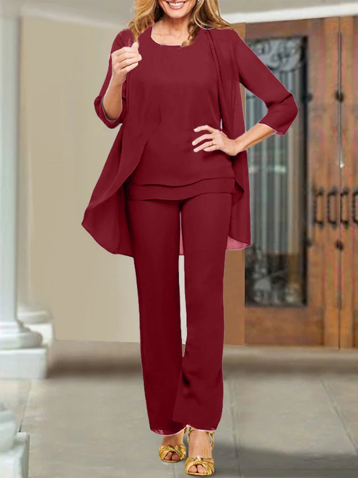 Mother of the Bride Scoop Neck Chiffon Pantsuits