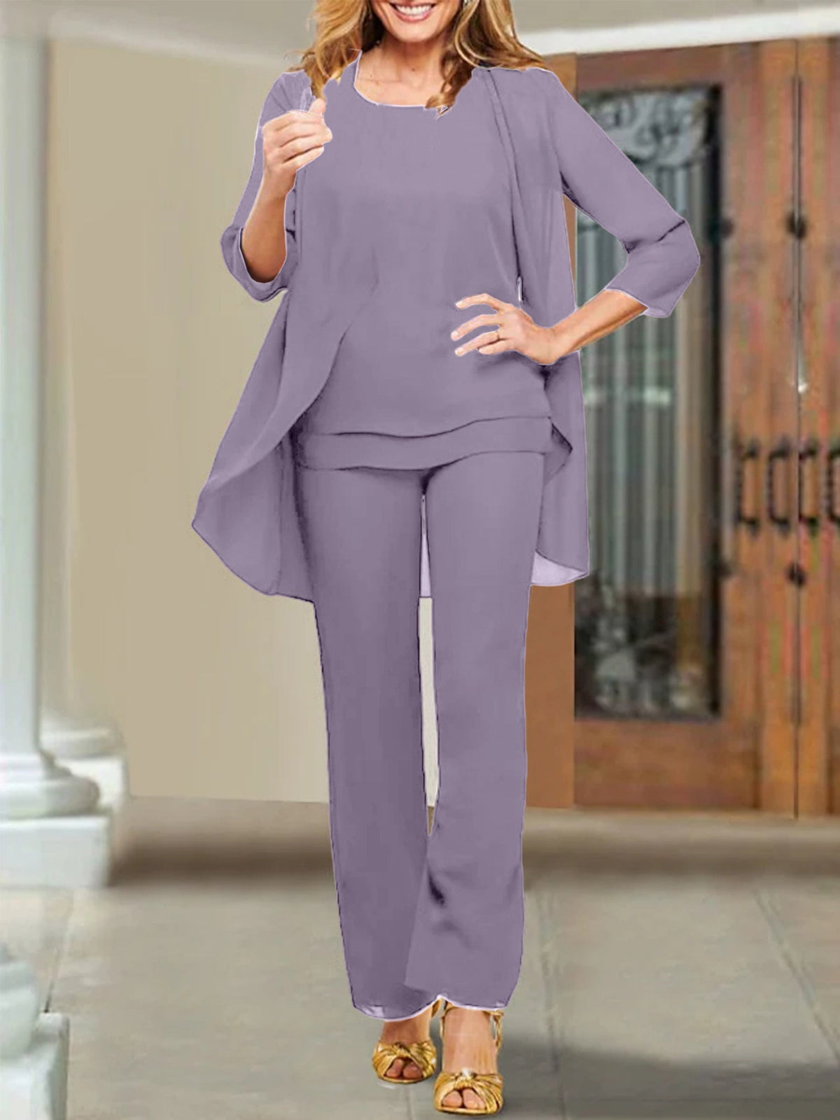 Mother of the Bride Scoop Neck Chiffon Pantsuits
